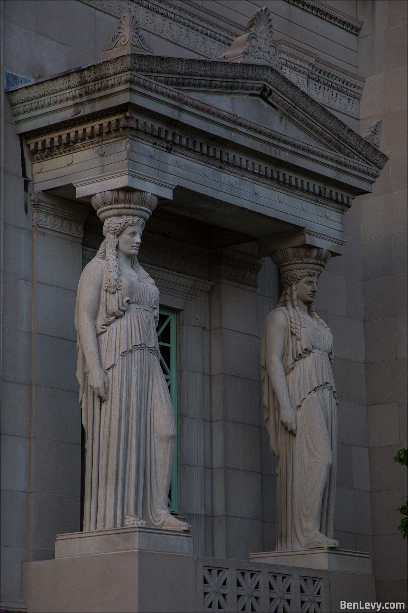 Caryatids, sculpted female figure columns at the Museum of Science and Industry
