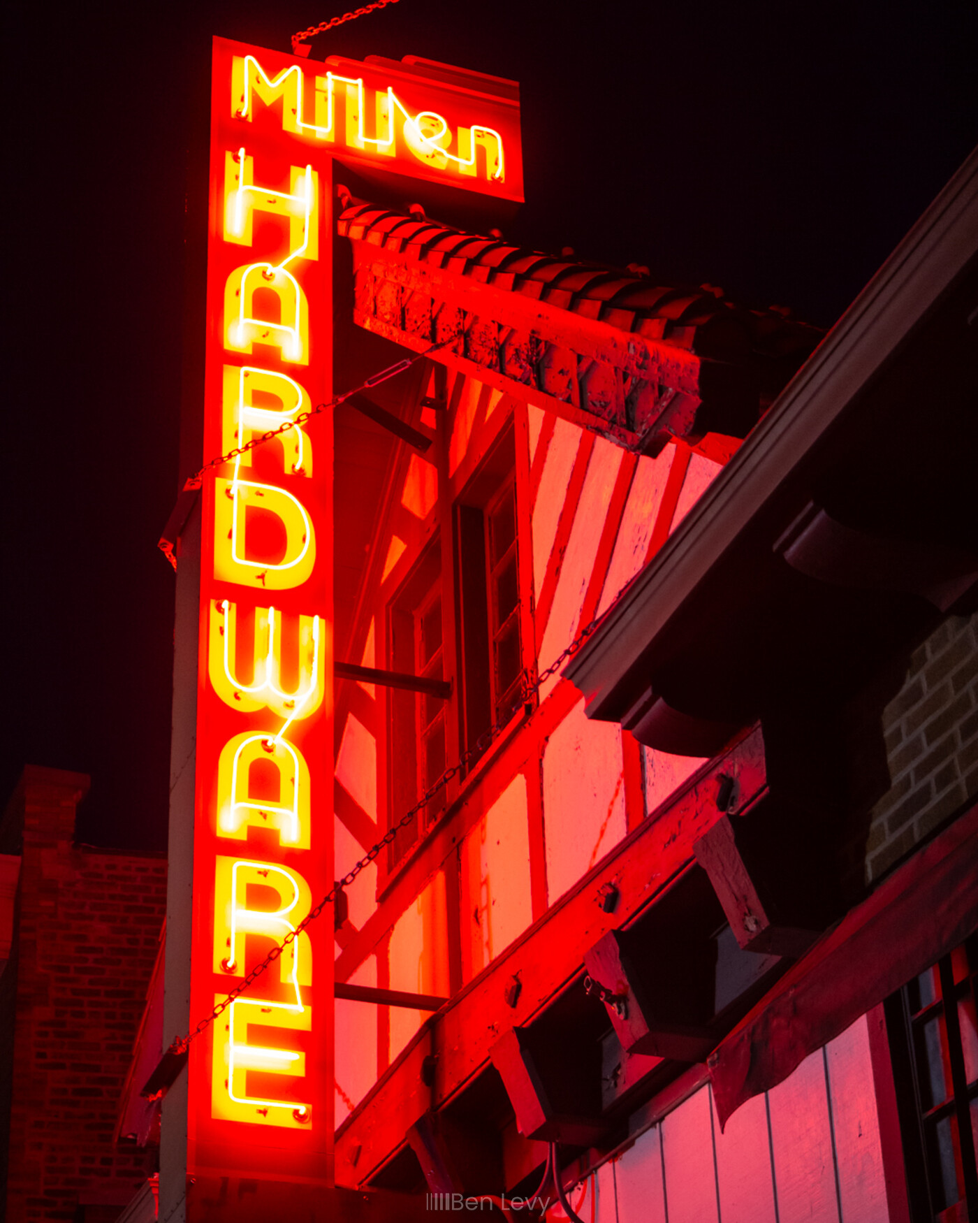 Neon Lights on the sign for Millen Hardware in Wilmette, IL