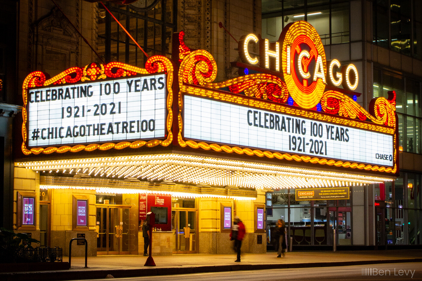 "Celebrating 100 Years" on the Marque of the Chicago Theater