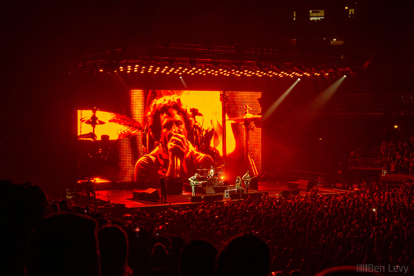 Zack de la Rocha on screen at a RATM concert in Chicago on July 12, 2022