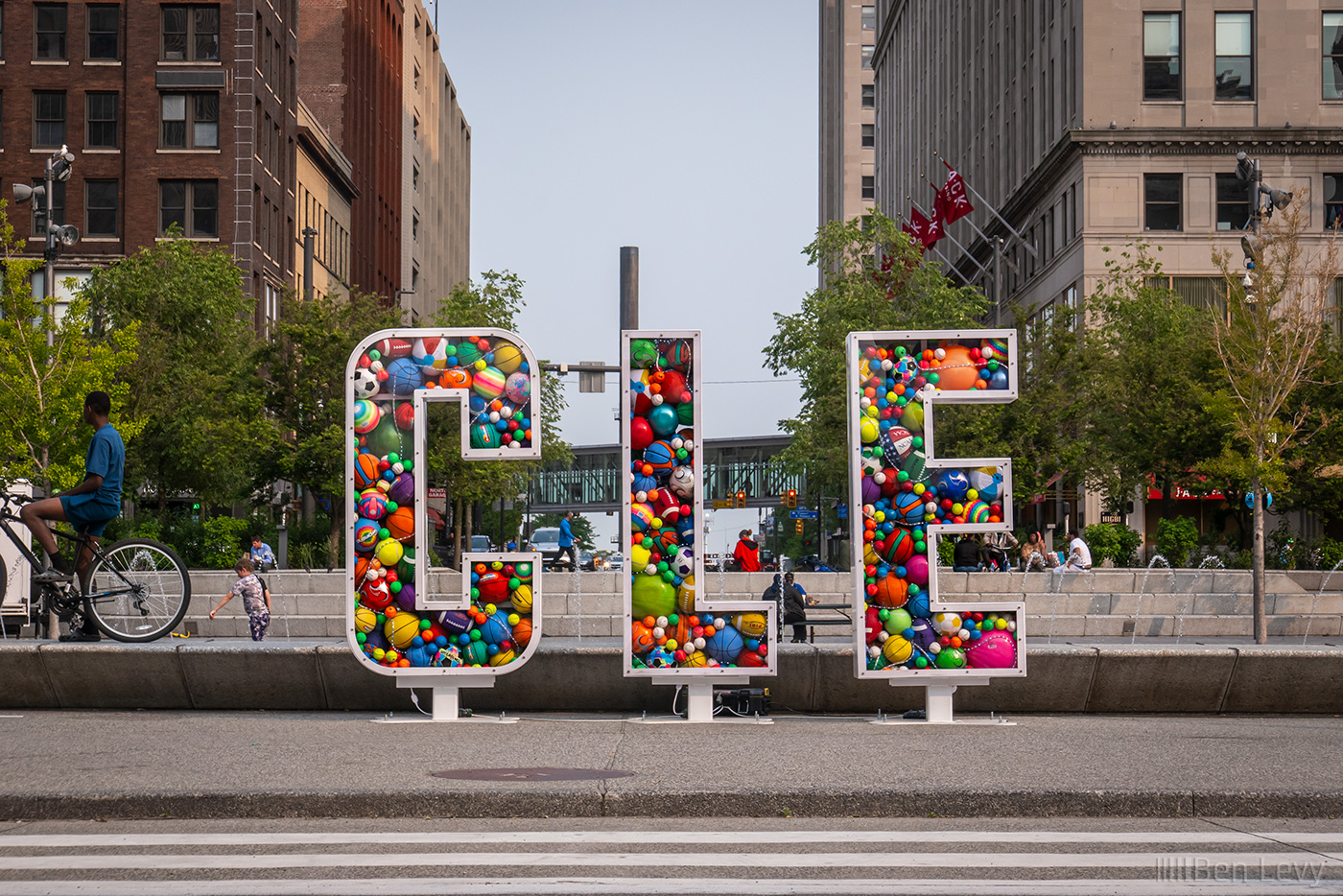 CLE sign filled with balls in the city of Cleveland