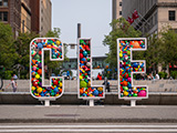 CLE sign filled with balls in the city of Cleveland