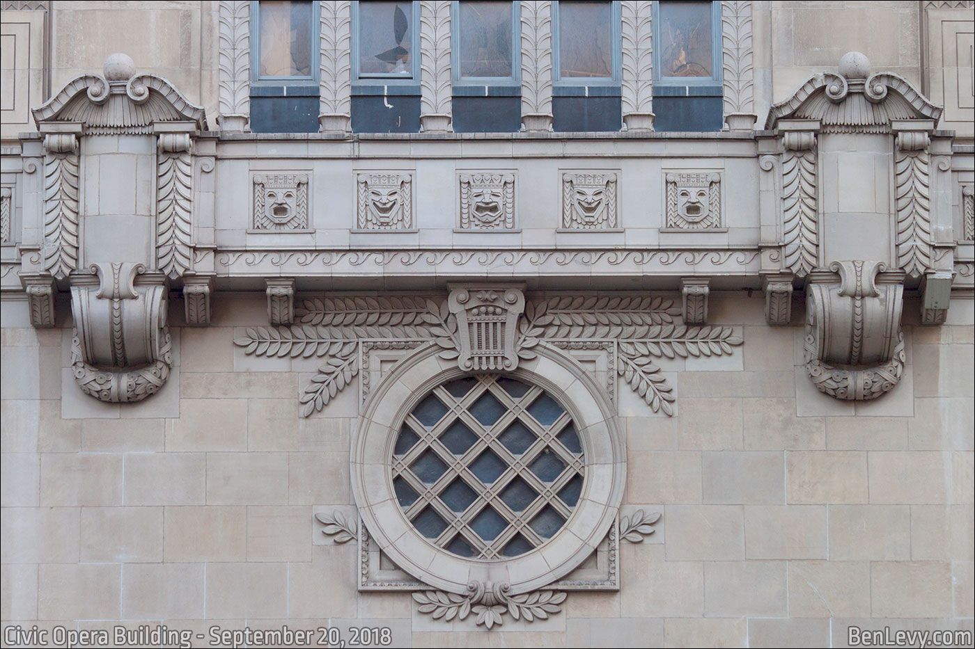 Theater masks on the Civic Opera Building