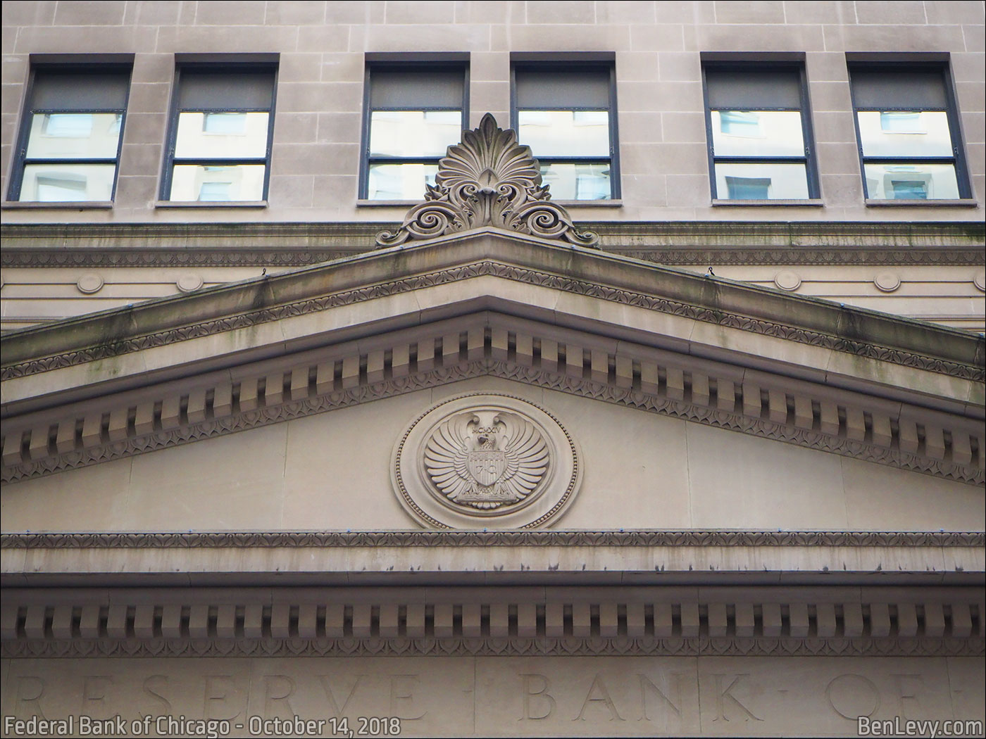 Top of the entrance to the  Federal Reserve Bank of Chicago