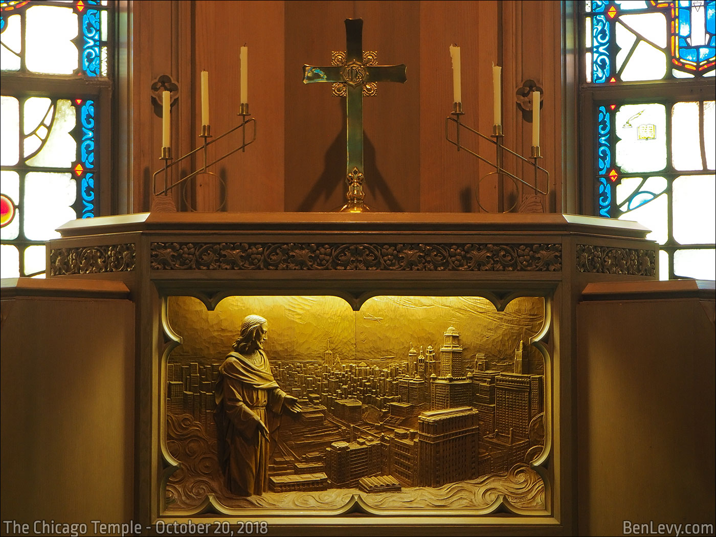 Sky Chapel altar with carving of Jesus